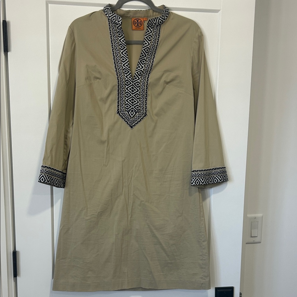 Tory Burch Khaki Tunic with Black Geometric Embroidery size 10